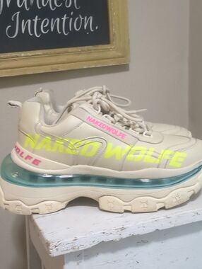 Naked Wolfe Cream Platform Sneakers with Neon Yellow & Pink Accents